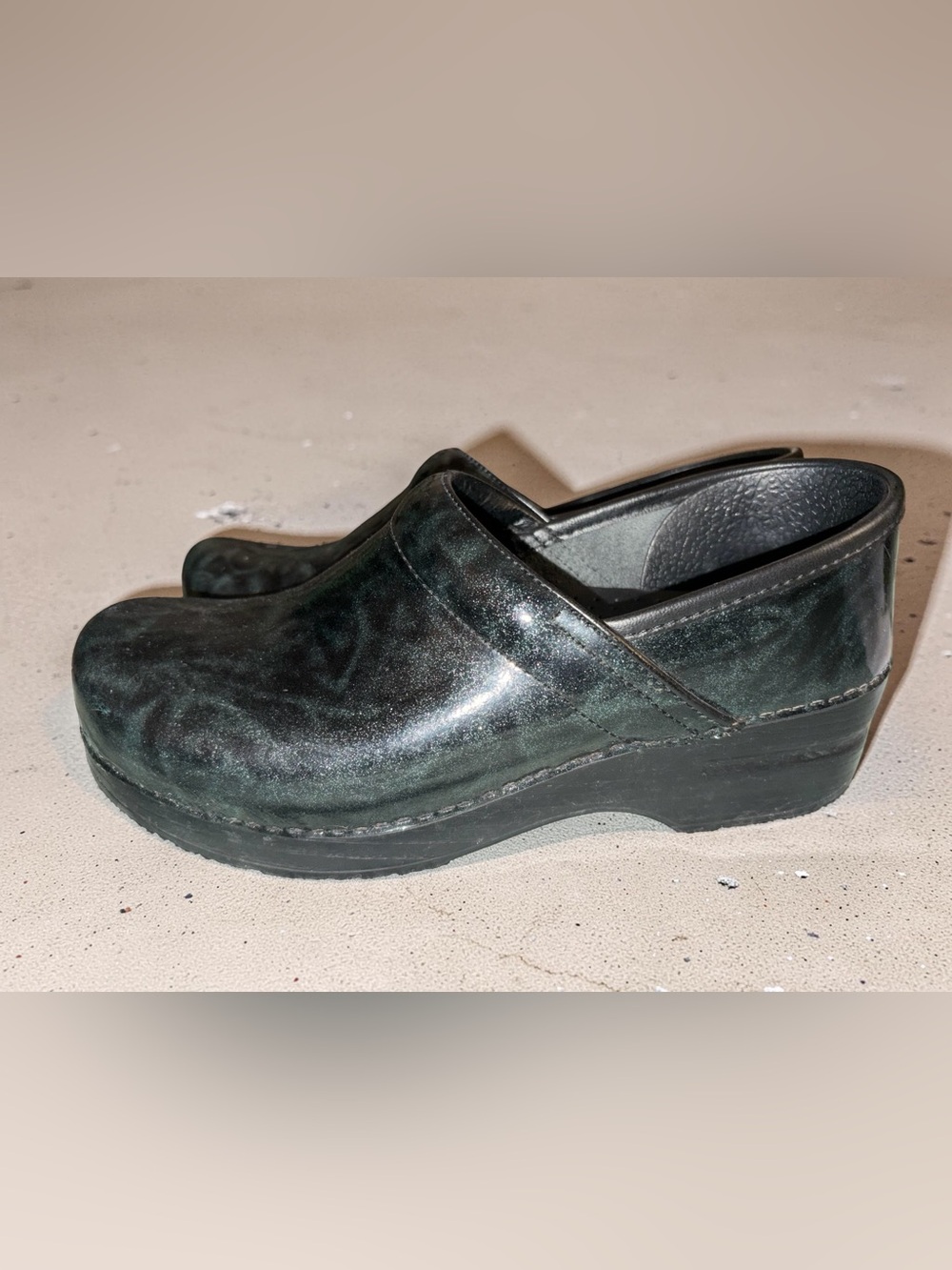 Dansko Black-Green Leather Slip-On Clogs